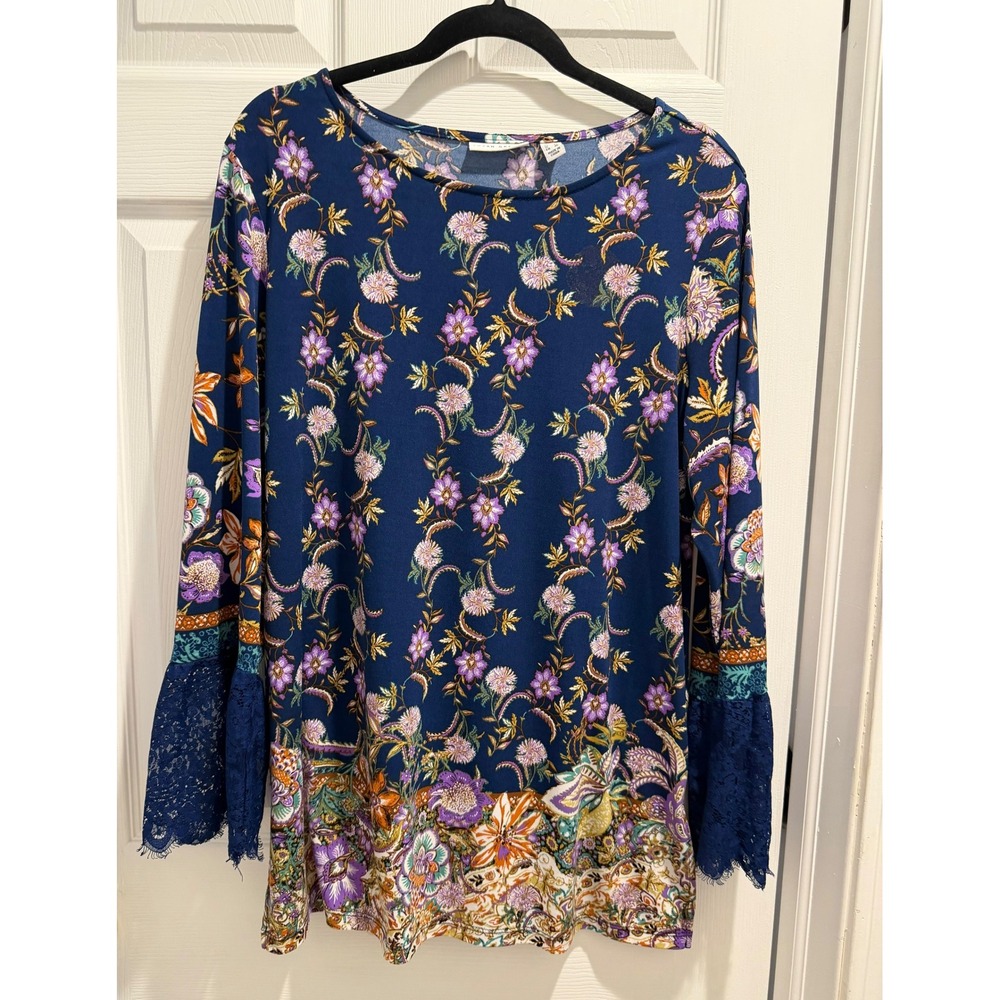 Susan Graver Liquid Knit Floral Tunic Navy Blue Lace Bell Sleeve Blouse Large